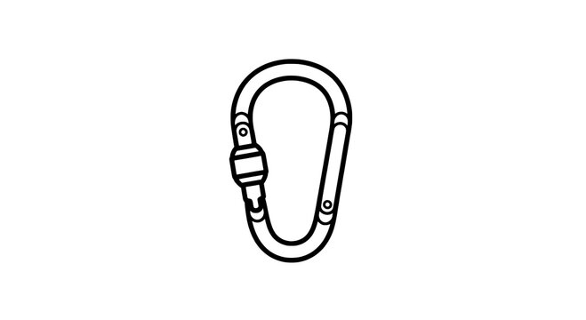 Carabiner climbing safety clip icon in black outline line art style, minimal isolated symbol featuring