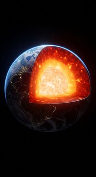 Earth's Core Cutaway: Inner and Outer Core, Mantle, and Crust - Scientific 3D Render for Educational and Geological Concepts