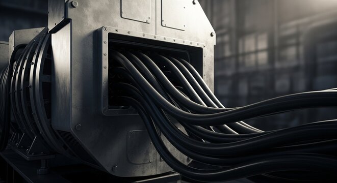 Thick, heavy-duty black power cables emerging from a large metal industrial machine or generator in a dimly lit factory setting.