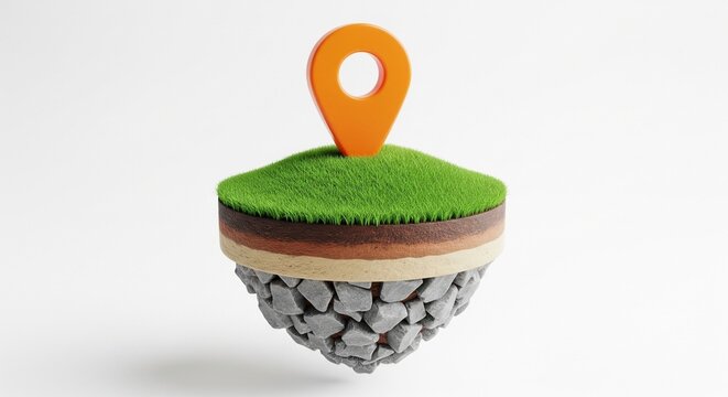 Floating Island with Layers and Location Pin Icon, 3D Render Mockup for Travel and Real Estate Concepts