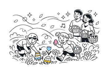 Naklejka premium Easter Sunday Family Fun. Children happily searching Easter eggs around blooming flowers while parents hold