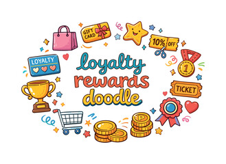 Naklejka premium loyalty rewards doodle. Hand drawn illustration of loyalty rewards doodle. shopping bag, gift card, star badge