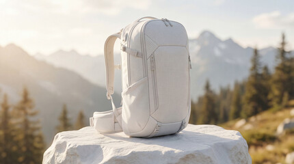 Backpack Standing on Mountain Rock for Travel and Hiking Photography