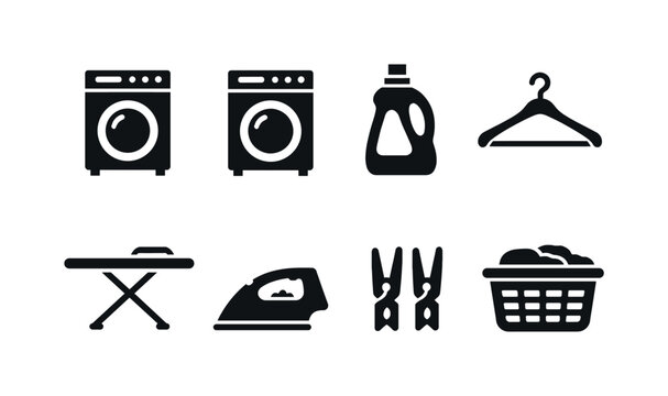 Laundry Care. Filled icon set of Laundry Care: washing machine, dryer, detergent bottle, clothes hanger,