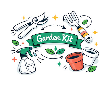 Spring Garden Essentials. A clean overhead composition of pruning shears, a hand rake, spray bottle, and small