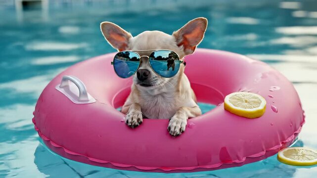 Chihuahua dog floats in swimming pool wearing sunglasses. Funny dog relaxes on pink inflatable ring. Small pet enjoys summer pool vacation. Dog with sunglasses cools off. Summer holiday fun.