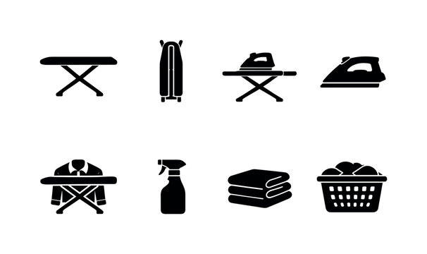 Ironing Board. Filled icon set of Ironing Board: ironing board open, ironing board folded, steam iron on board