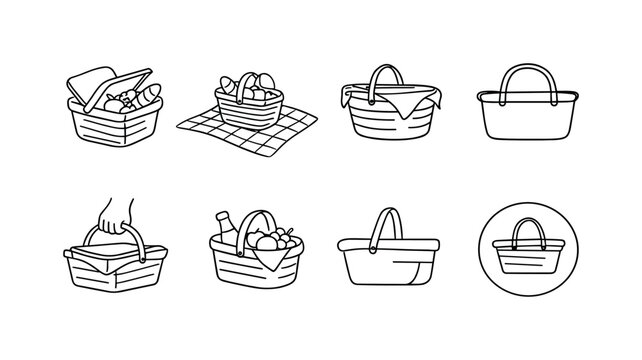 "Outdoor Picnic Icons". Minimalistic set one-line drawing basket with lid open showing food, picnic blanket
