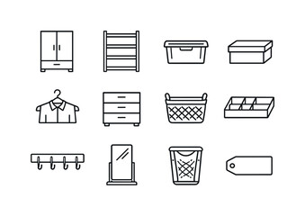 home storage system outline set. Line outline icon set of home storage system outline set: wardrobe, shelving
