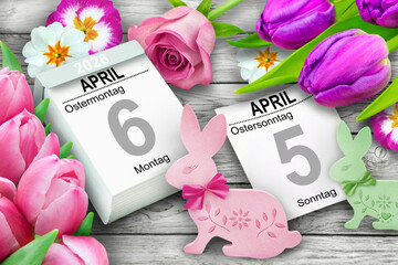 Naklejka premium Deutscher Kalender Feiertage Ostern 5. und 6. April 2026 Blumen und Osterhase