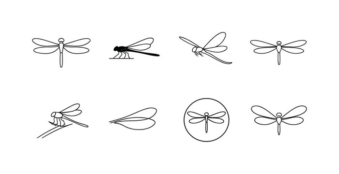 "Dragonfly Wings". Minimalistic set one-line drawing dragonfly top view with extended wings, side view