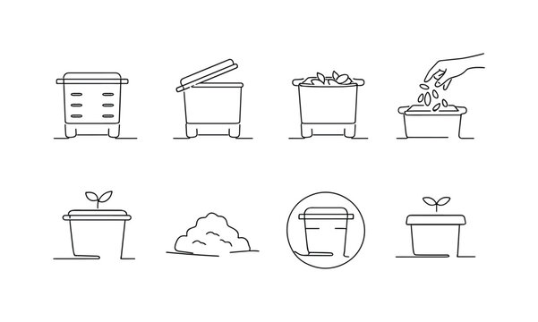 "Garden Compost Icons". Minimalistic set one-line drawing compost bin with airflow vents, compost bin with lid