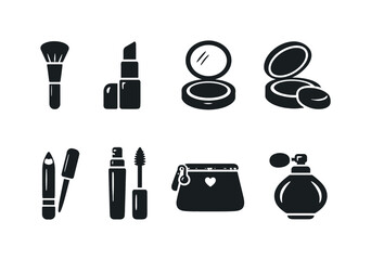 Beauty Tools. Filled icon set of Beauty Tools: makeup brush, lipstick, compact mirror, powder case, eyeliner