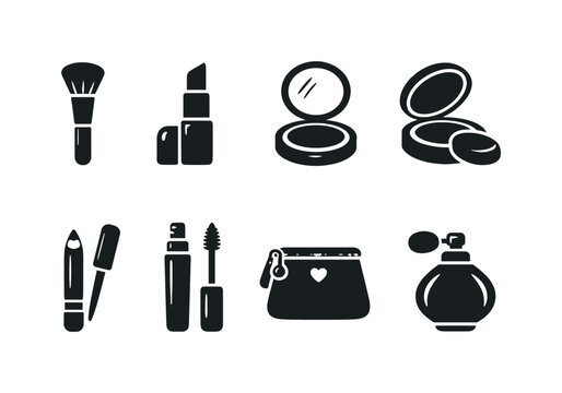Beauty Tools. Filled icon set of Beauty Tools: makeup brush, lipstick, compact mirror, powder case, eyeliner