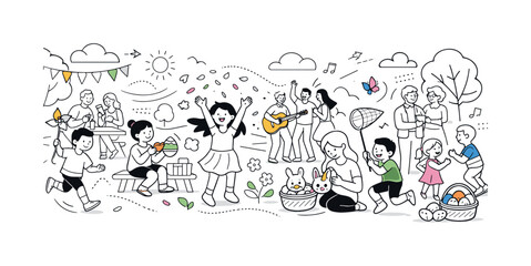 Obraz premium Festive Spring Gathering. A panoramic view of families and friends celebrating outdoors, children playing with