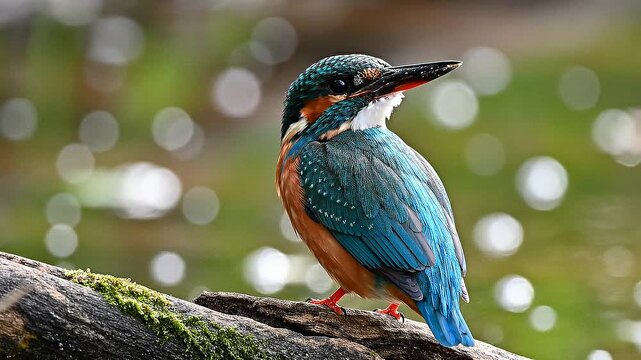 A kingfisher perches on a mossy branch overlooking serene water with bokeh effect in the background.