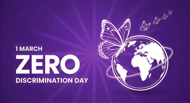 A commemorative graphic for zero discrimination day featuring a globe and butterflies on purple