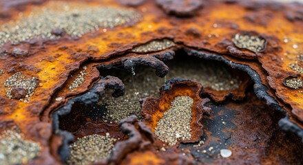 Obraz premium Extreme close-up of a hole eaten through a metal surface by rust, showing porous orange textures and trapped sand.