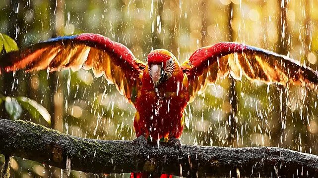 Vibrant red parrot spreads wings on branch in rainy tropical forest scene