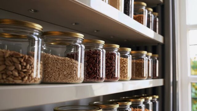Pantry Jars Display. Organized Glass Containers Holding Various Nuts Grains Seeds And Spices. Modern White Shelving With Neatly Arranged Glass Jars Containing Variety Of Pantry Staples And Spices