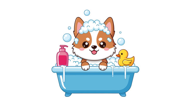 Corgi in Bathtub Vector Illustration, Cartoon Style Graphic for Pet Care, Bathing