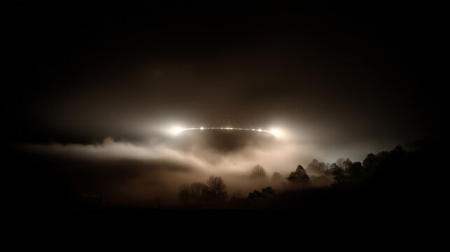 UFO hovering over foggy hills