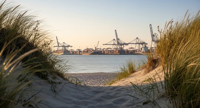 A view of a busy shipping port with large cranes, seen through the grass-covered sand dunes of a nearby beach.