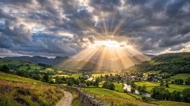 Sunbeams illuminating rural valley and village with winding river