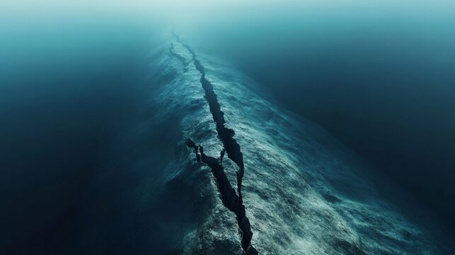 Massive underwater earthquake splitting ocean floor, generating seismic waves and triggering potential tsunami, revealing geological power and natural destructive energy
