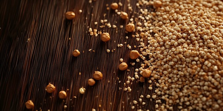 Amaranth and puffed millet grains scattered on a dark textured wooden table.