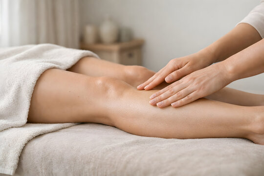 Therapist performs manual lymphatic drainage on upper leg under towel to support swelling reduction, circulation, and recovery