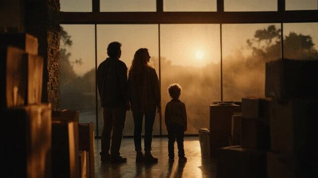 New Beginnings: A family stands together, gazing out at a serene sunrise through a large window. They are surrounded by moving boxes, symbolizing a fresh start, hope.