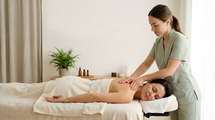 Obraz premium Woman therapist provides gentle lymphatic drainage massage to a client in a wellness clinic for body detox and recovery