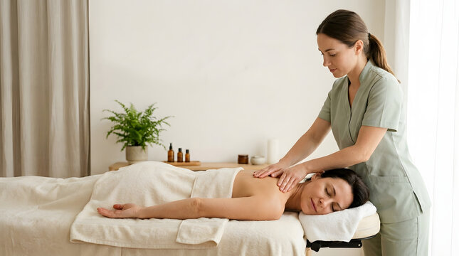 Woman therapist provides gentle lymphatic drainage massage to a client in a wellness clinic for body detox and recovery