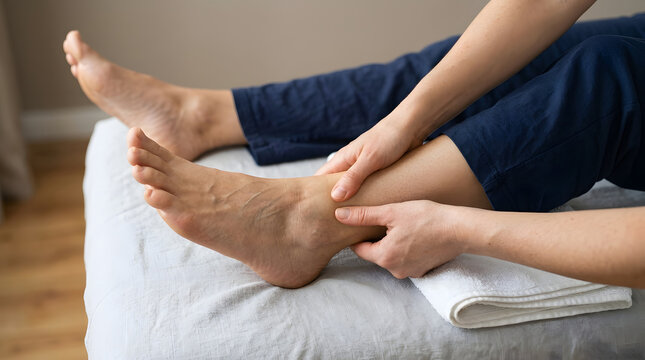 Therapist performs manual lymphatic drainage on the foot and ankle to promote lymph flow, wellness therapy, and recovery