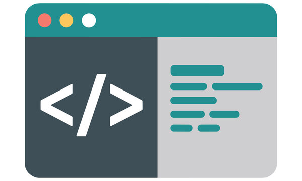 Vector graphic illustration of a browser window with coding symbol and text representing web development and coding concepts.