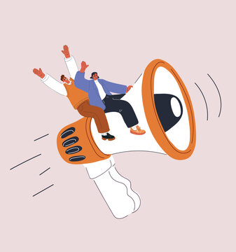 Vector illustration of people flying together on megaphone, concept of amplified voice, teamwork and collective action