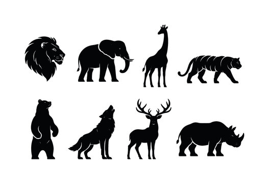 Wild animals silhouettes: lion head, elephant side view, giraffe standing, tiger walking, bear standing, wolf howling, deer with antlers, rhinoceros side view