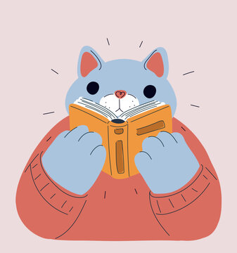 Vector illustration of cat reading a book, concept of curiosity, learning and intellectual exploration