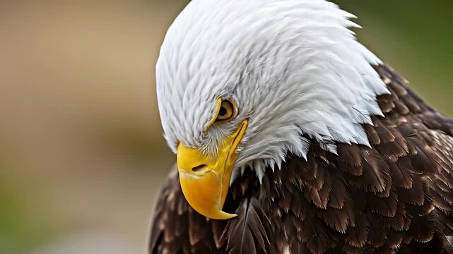 Bald eagle looks down with sharp gaze in natural habitat.
