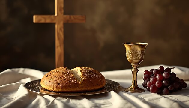 Christian holy communion set: wooden cross, bread, grapes, and chalice on a white cloth, last supper