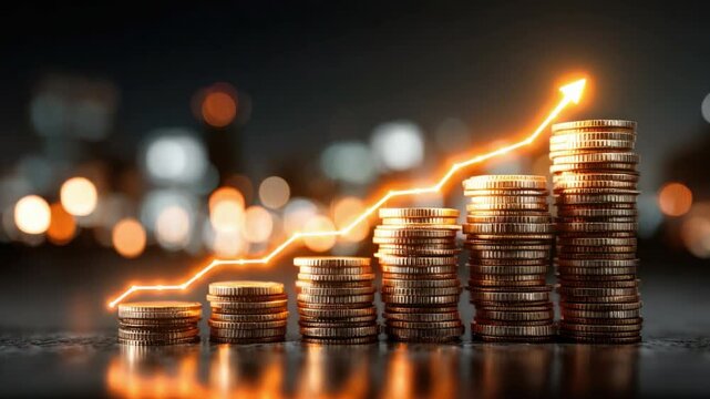 Financial Ascent: Coin stacks climb upwards, illuminated by a glowing arrow symbolizing growth. Capturing the essence of finance, investment, and economic prosperity. 