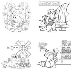 Fototapeta premium Bear in forest, otter with basket, seal and mill, raccoon vector art, line art