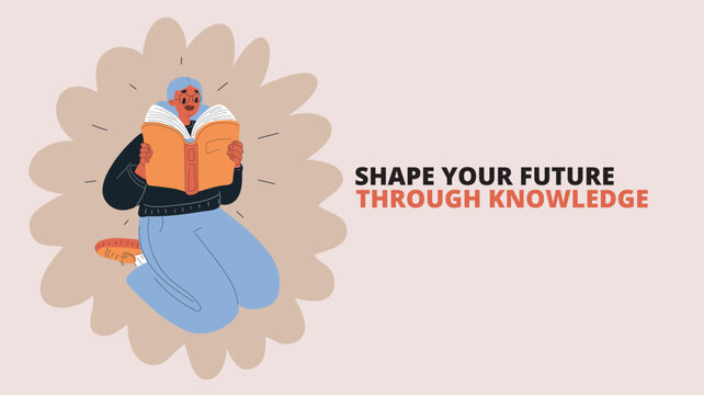 Vector illustration of woman holding a book, concept of reading, learning and imagination