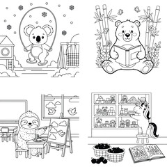 Fototapeta premium Koala jumping rope, bear reading, sloth at desk, horse in store vector art, line art