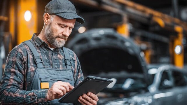 Mechanic Inspecting Vehicle: A skilled mechanic, deep in concentration, uses a digital tablet to meticulously inspect a vehicle, a symbol of expertise and precision in the automotive industry.