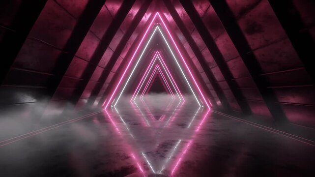 Navigating a mysterious glowing neon triangle tunnel through smoky reflections, creating an immersive futuristic pathway.
