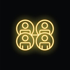 Obraz premium Yellow glowing neon icon showing four people connected, symbolizing communication and information sharing