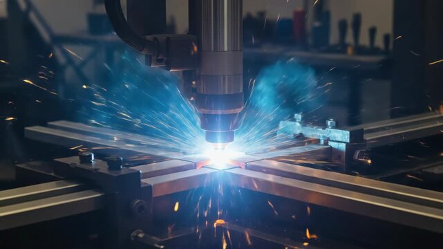 Industrial robotic welding process sparks and light close up