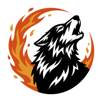 Howling wolf profile silhouette crescent fire flame tribal mascot logo
